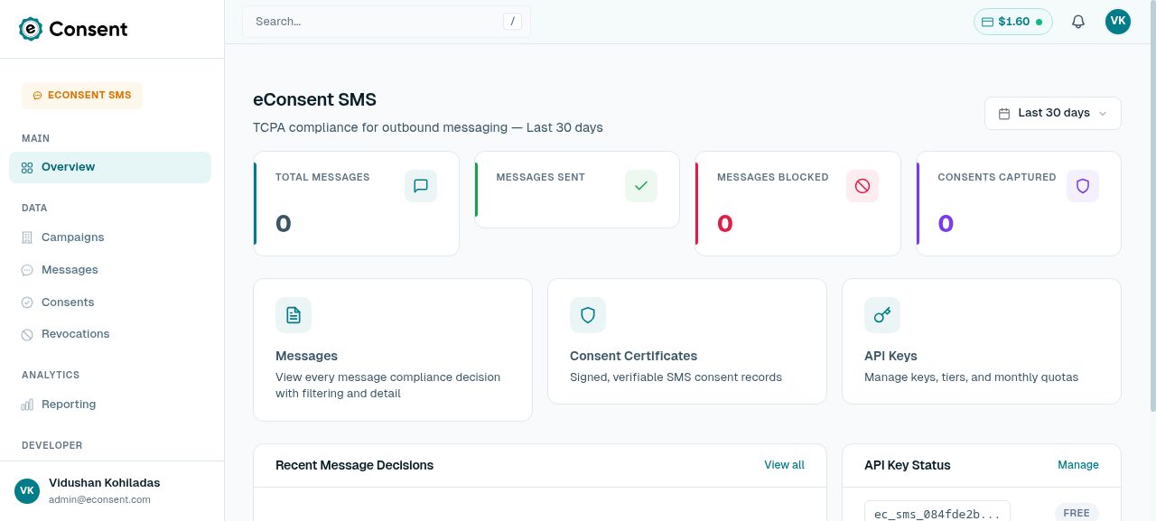 SMS dashboard overview