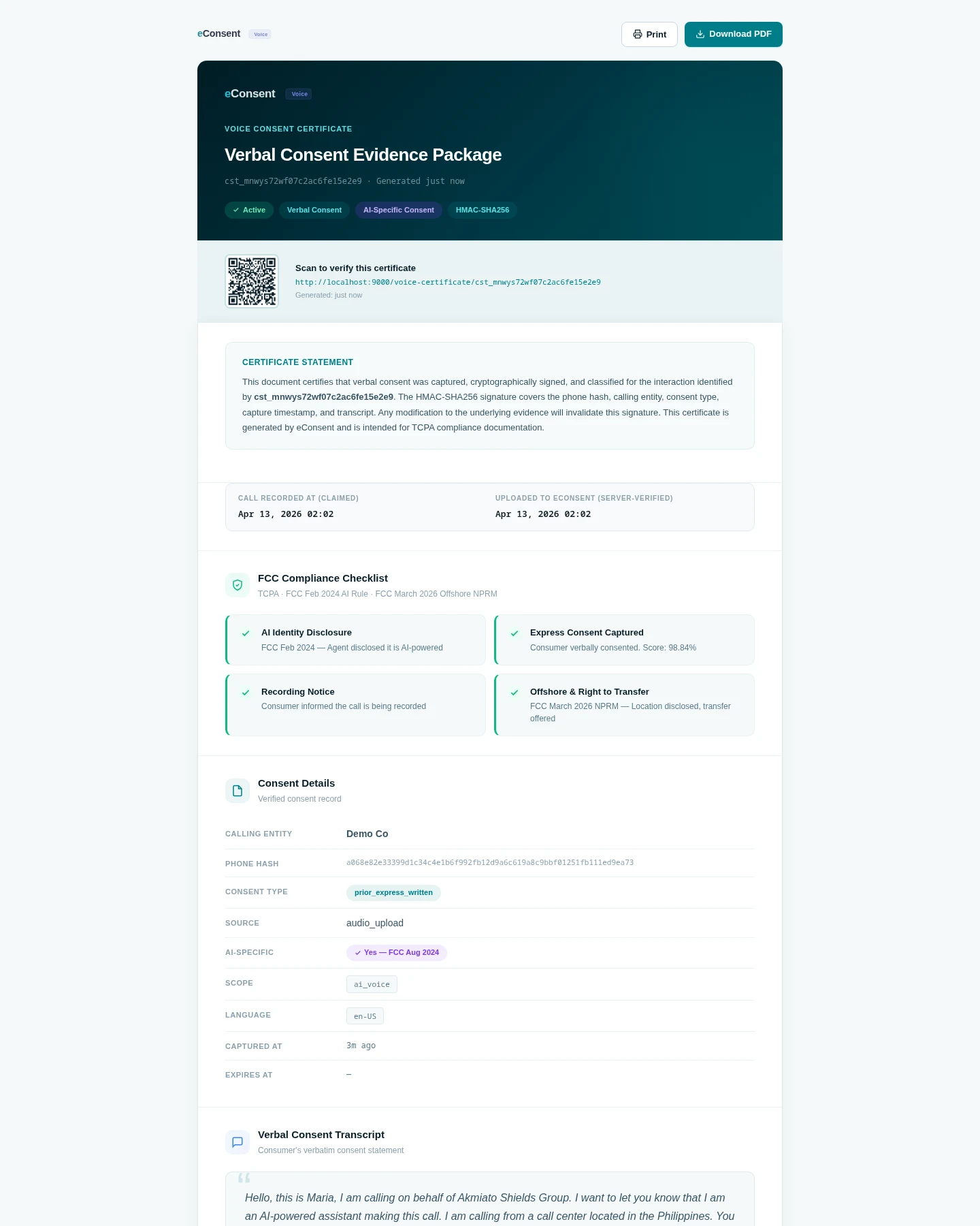 Voice consent evidence package — public certificate