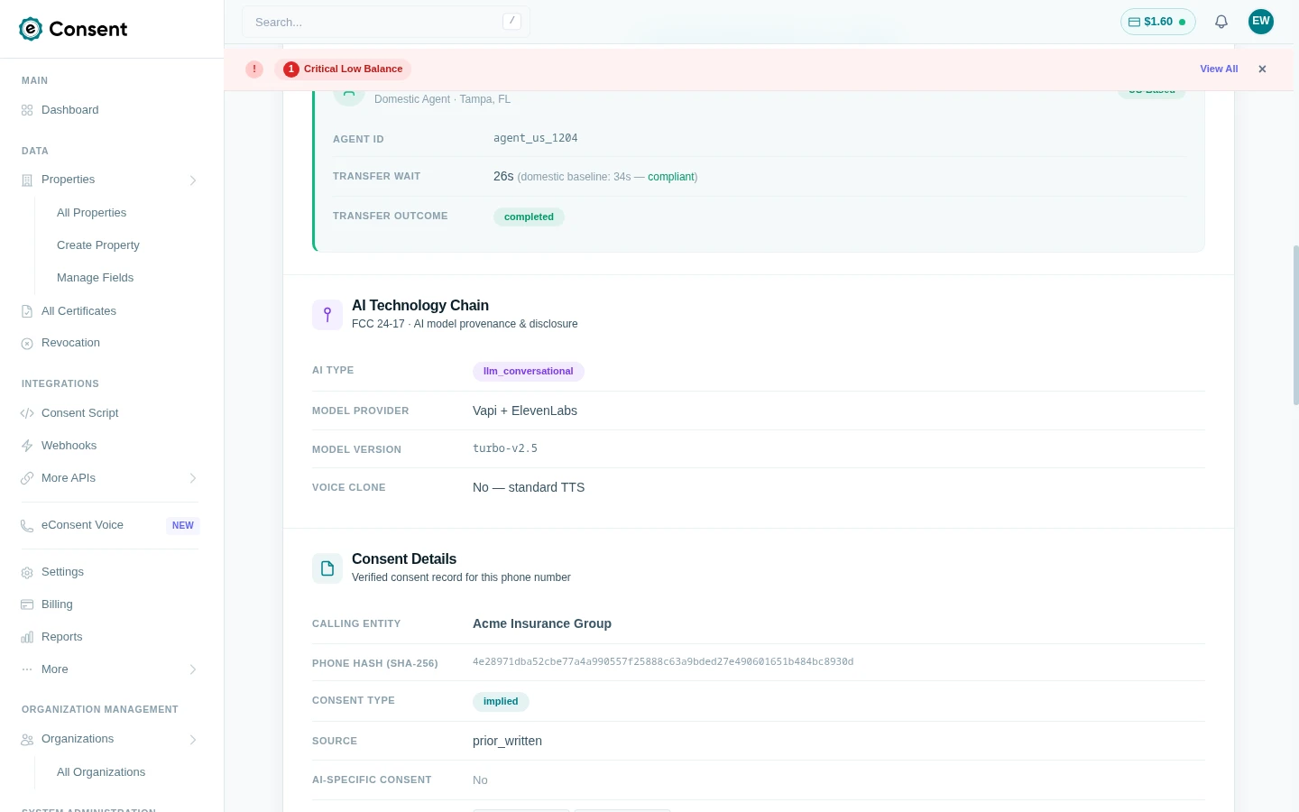 ML consent classifier detail view