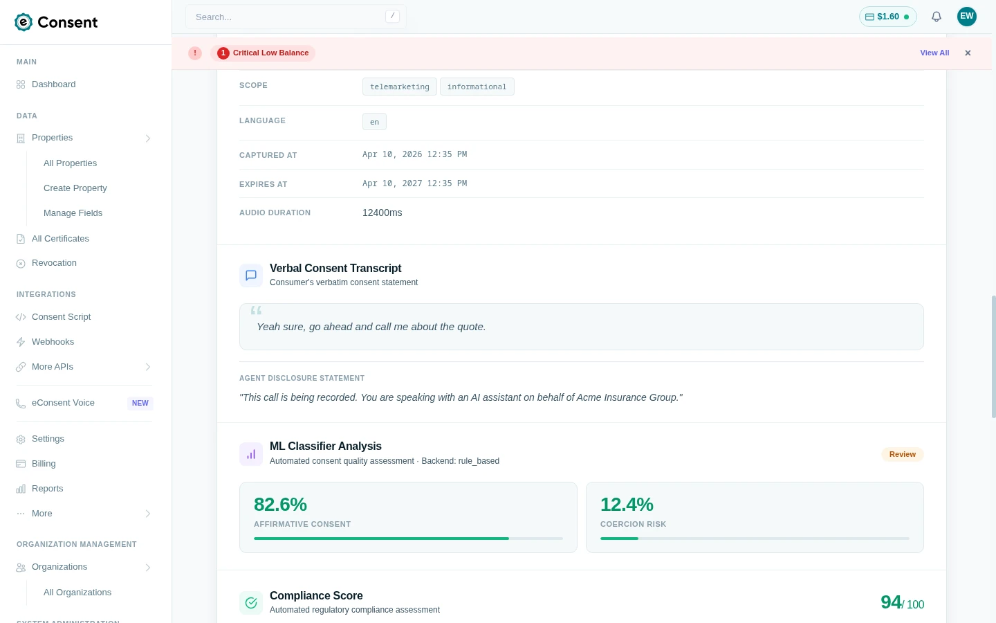 Auto-detected FCC disclosures with timestamps on a captured voice consent