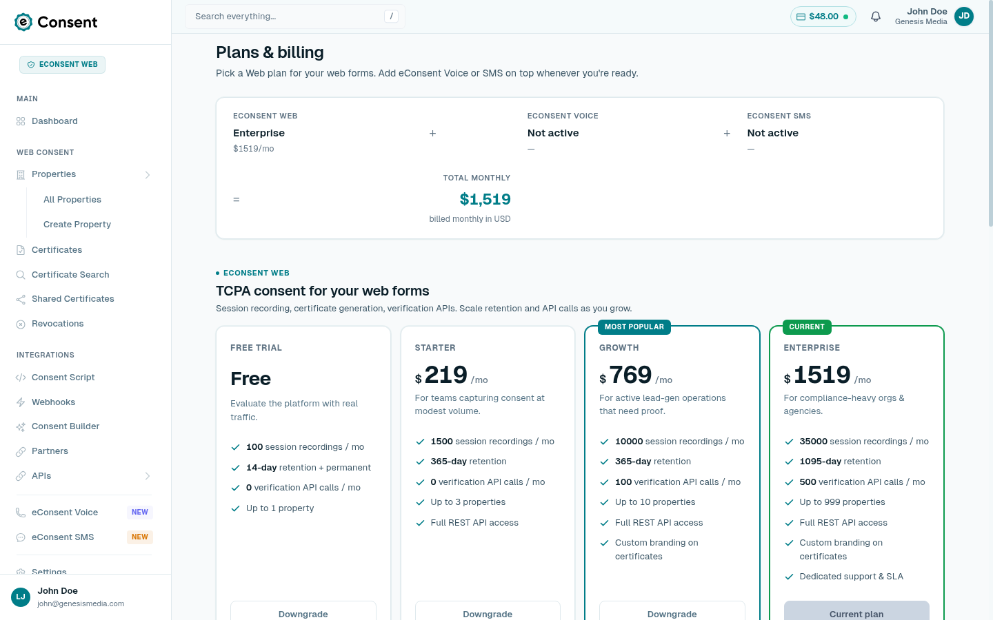 Billing dashboard showing wallet balance and usage metrics