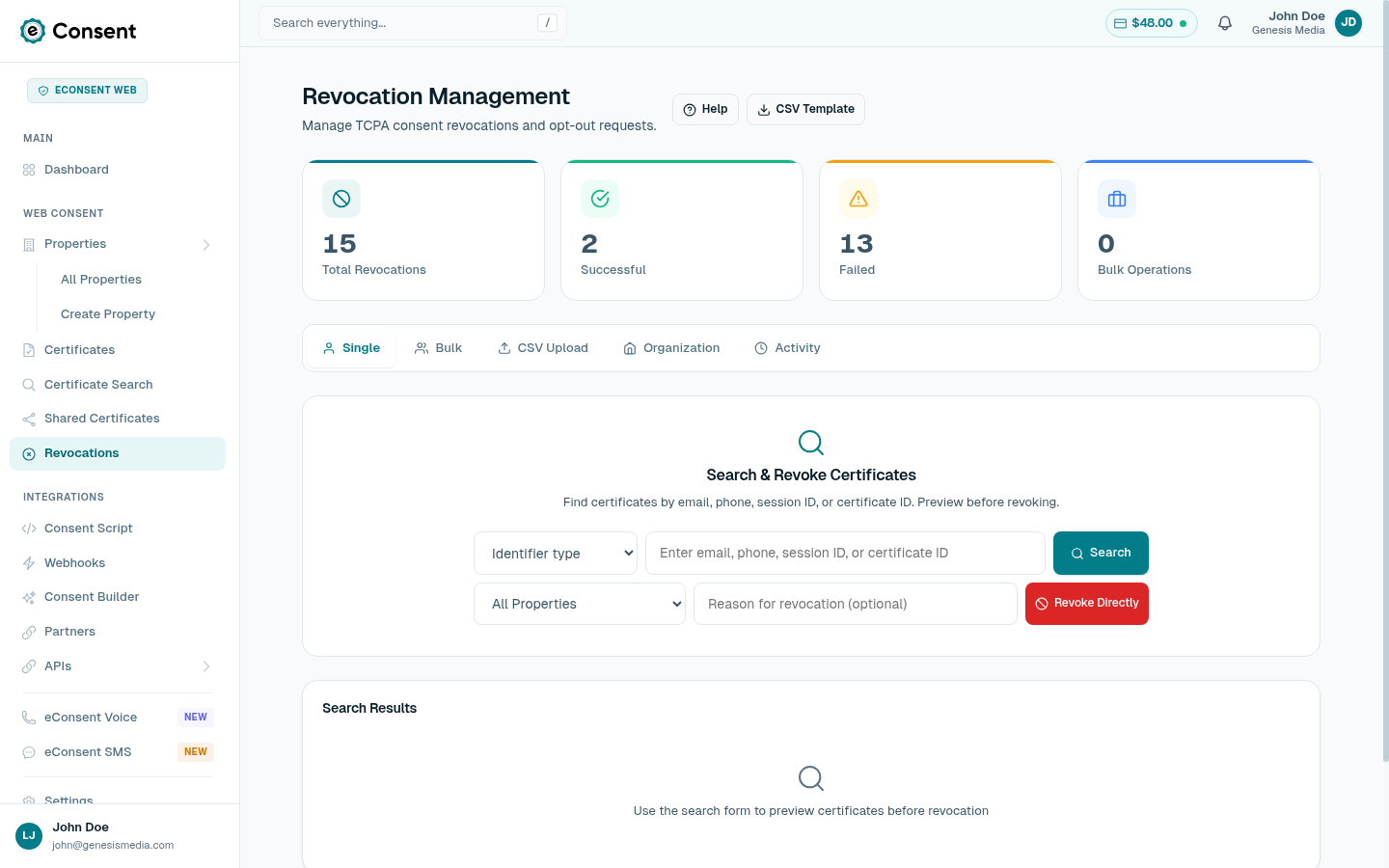 Revocation management page with bulk actions