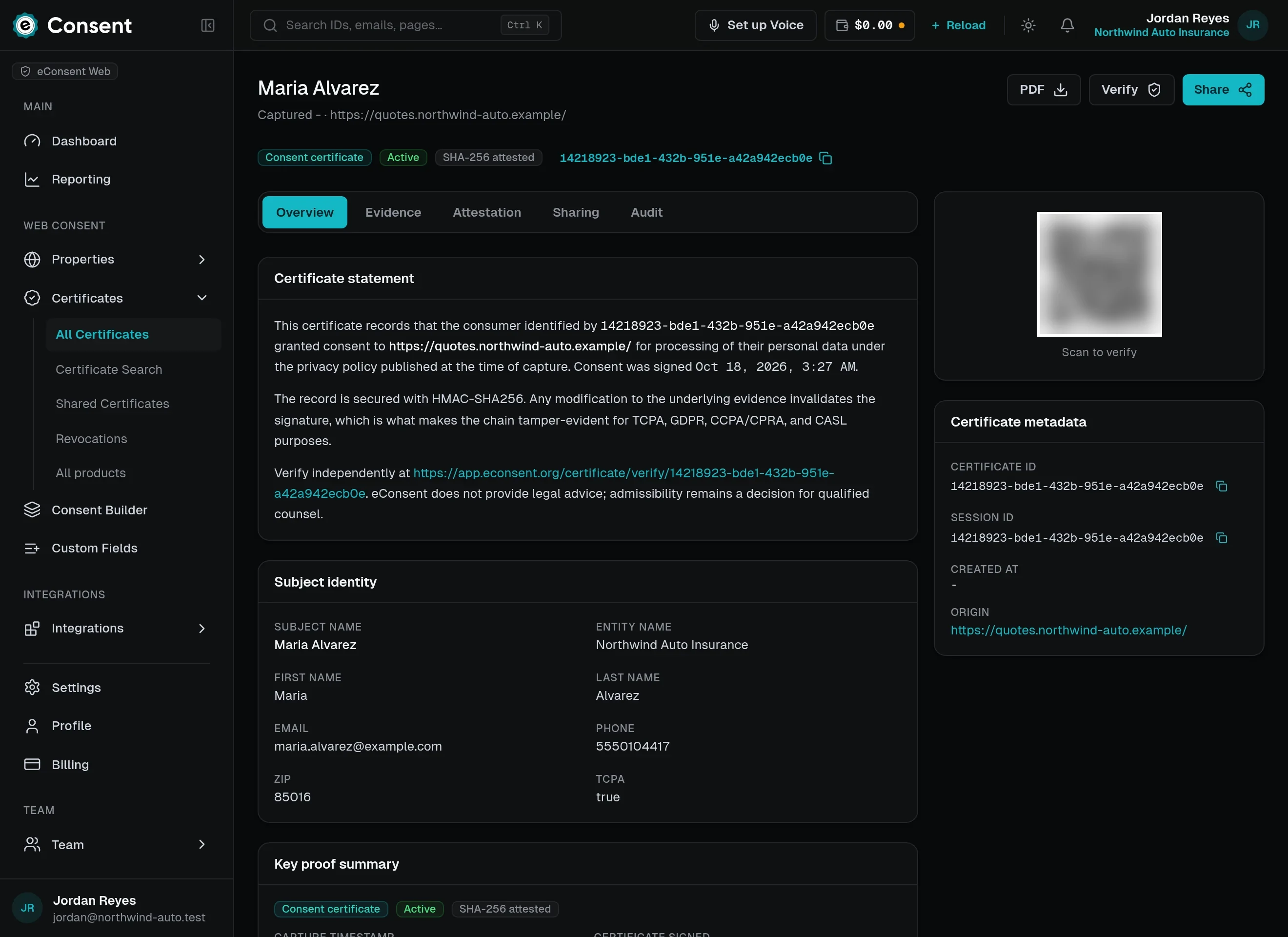 A signed consent certificate in the eConsent app: certificate statement, HMAC-SHA256 signature, verification link, QR code, the consumer's details and the certificate metadata