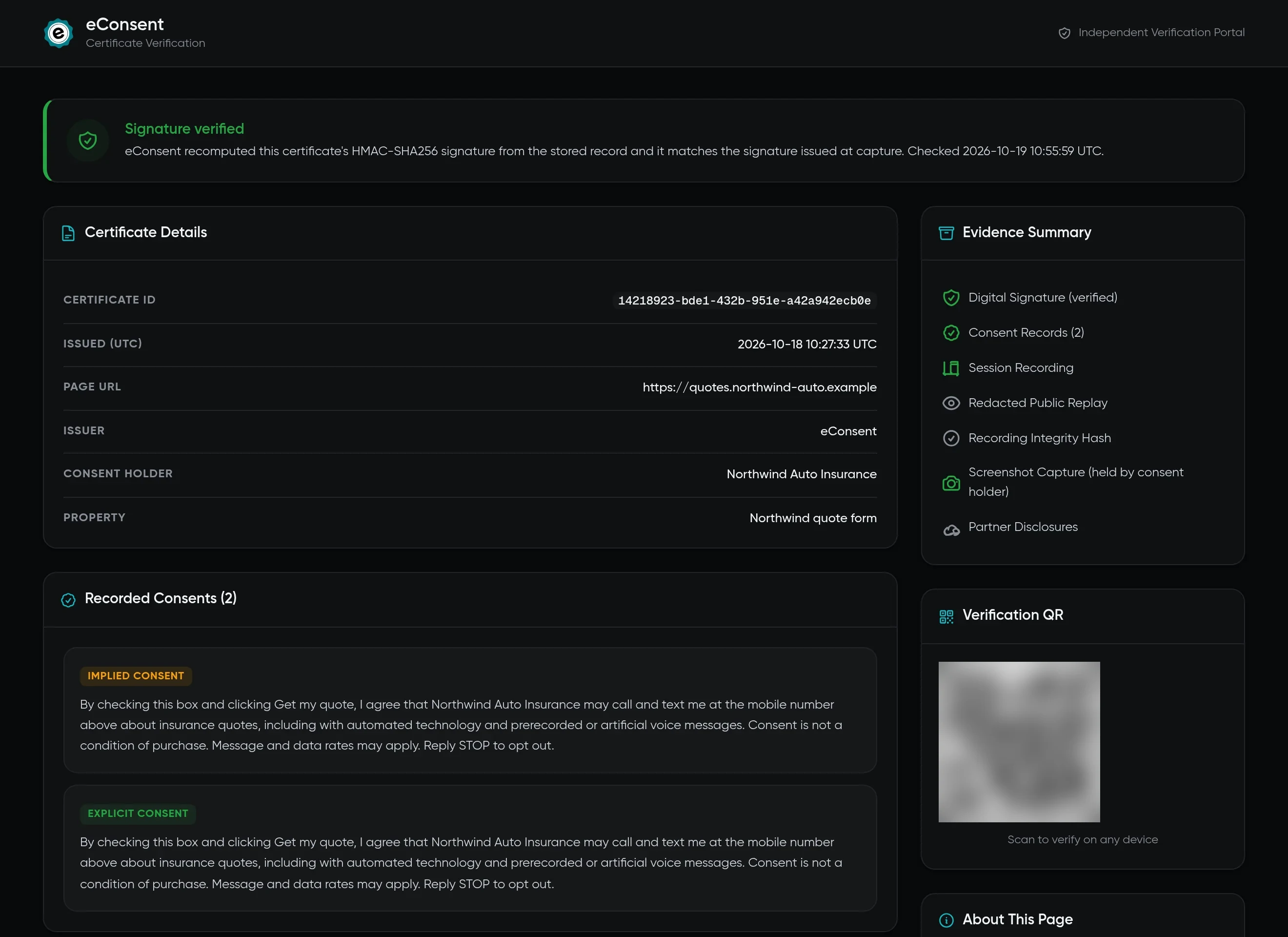 The public verification page for that certificate showing Signature verified, the certificate details, the evidence summary and the consent wording the consumer agreed to