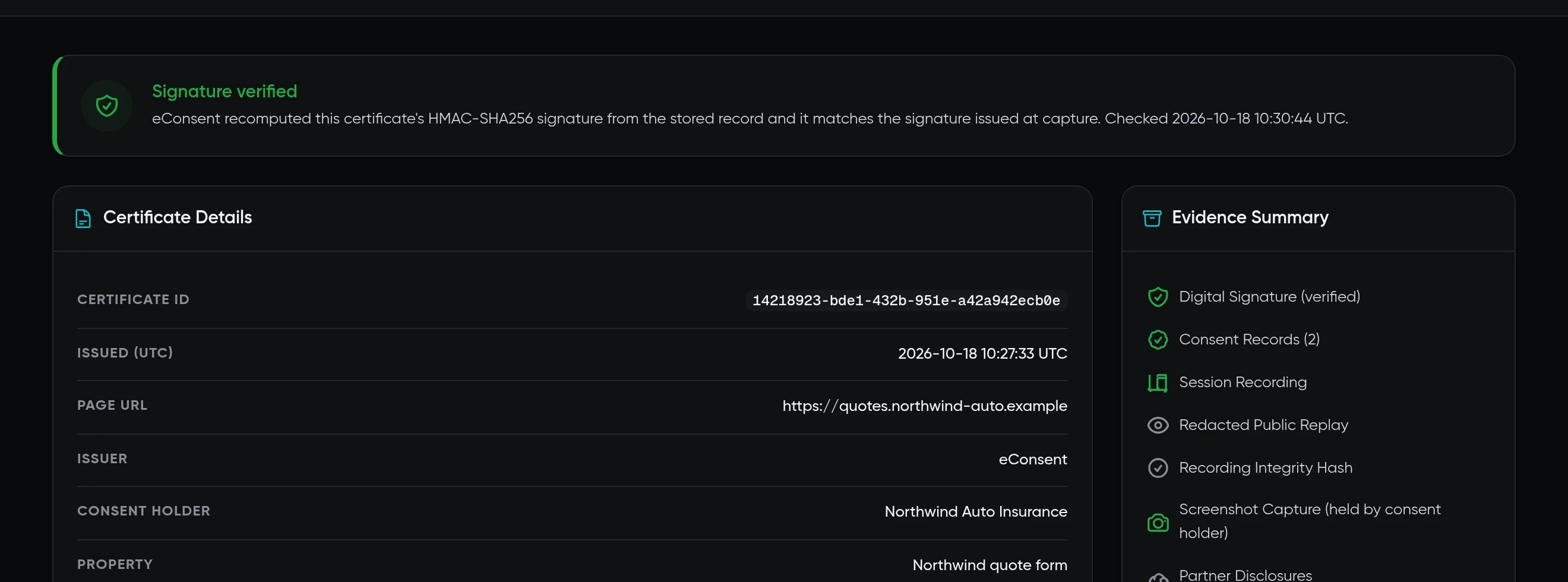 eConsent's public verification page for the demo certificate, showing Signature verified, the certificate details and an evidence summary