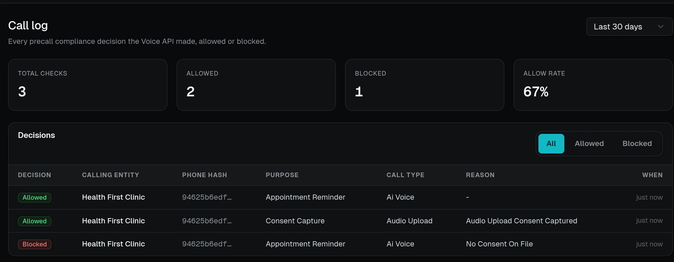 eConsent Voice call log for one phone number: blocked with no consent on file, consent captured from the uploaded call recording, then allowed