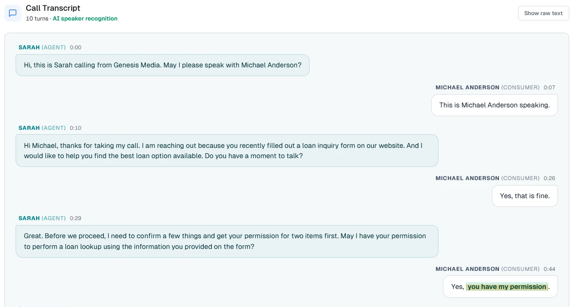 eConsent Voice call transcript from a test call, split by AI speaker recognition into agent and consumer turns with timestamps, with the consumer's consent phrase 'you have my permission' highlighted